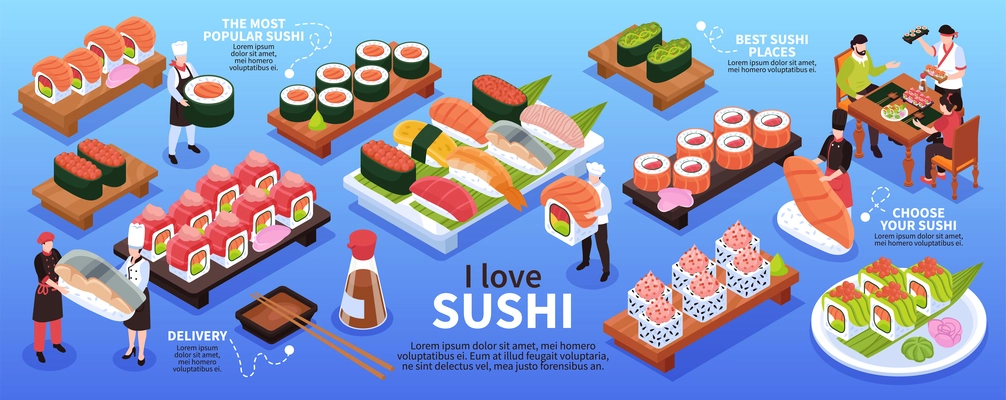 I love sushi isometric infographic with various types of maki soy sauce human characters of chefs and restaurant visitors 3d vector illustration