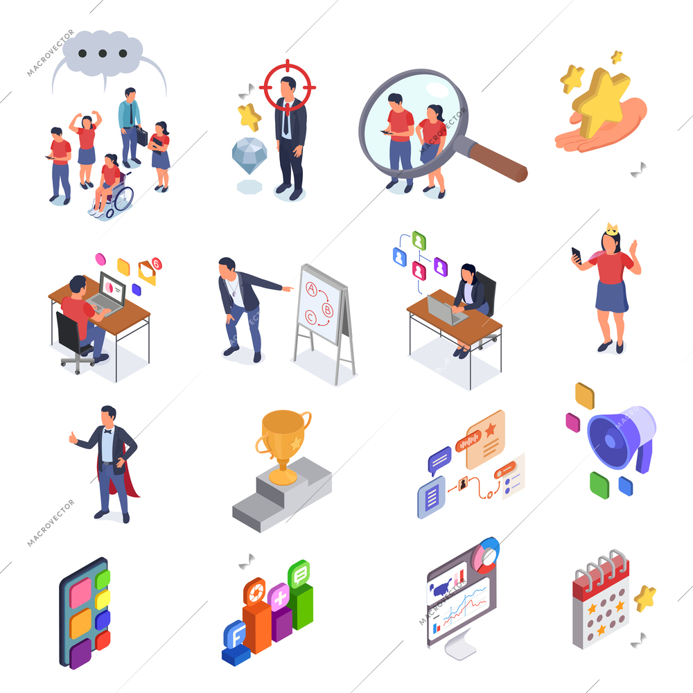 Community management social media isometric icons set with characters of followers and influencers isolated vector illustration