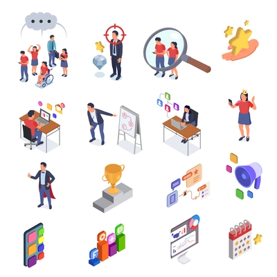 Community management social media isometric icons set with characters of followers and influencers isolated vector illustration