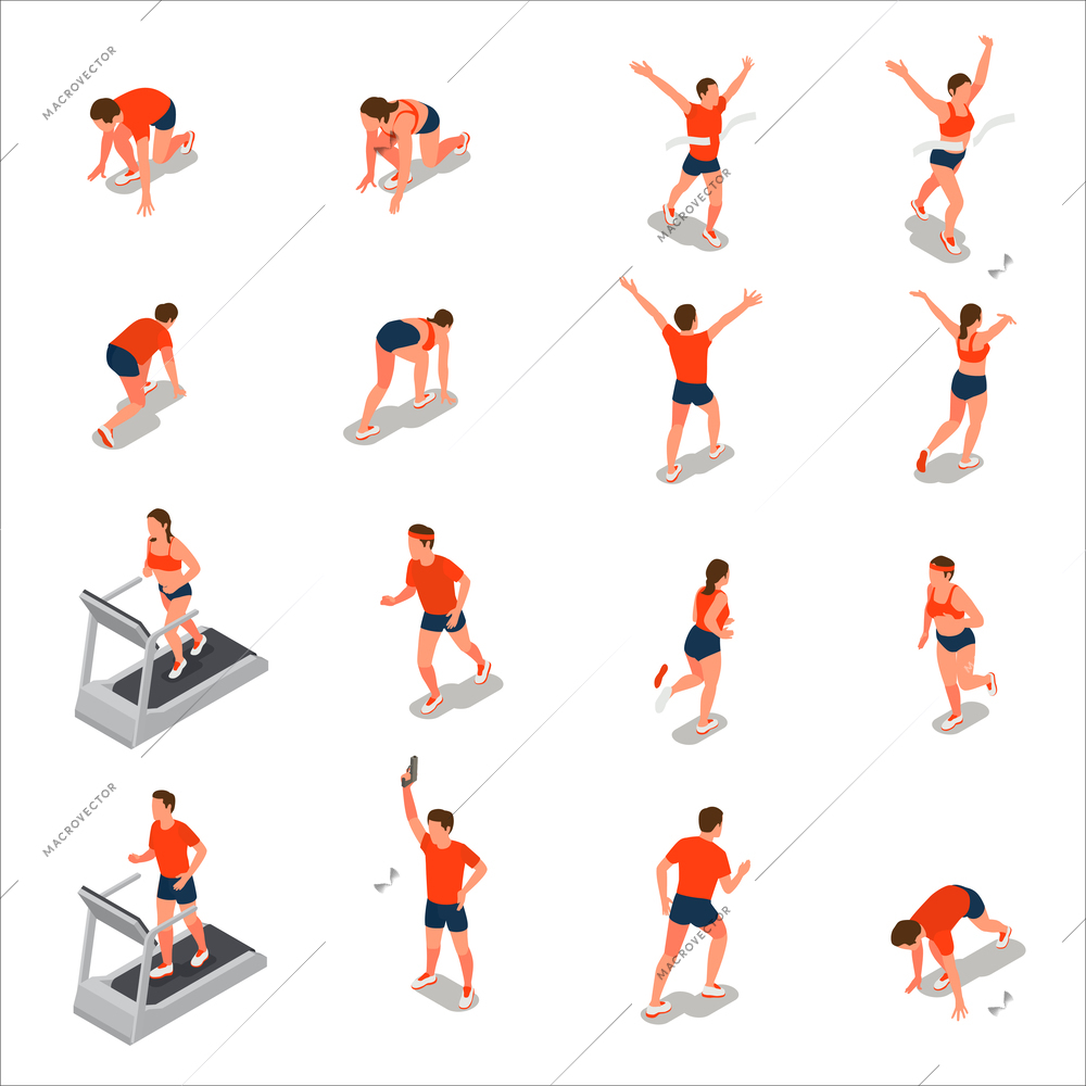 Isometric set of people running jogging on treadmill taking part in marathon isolated vector illustration