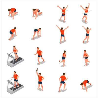 Isometric set of people running jogging on treadmill taking part in marathon isolated vector illustration