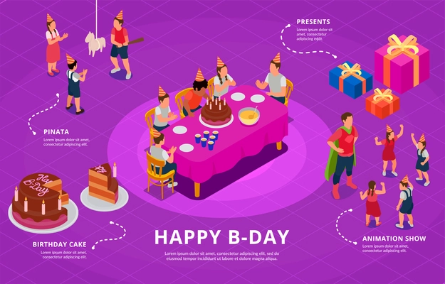 Isometric infographic with children at birthday party with animation show cake pinata presents vector illustration