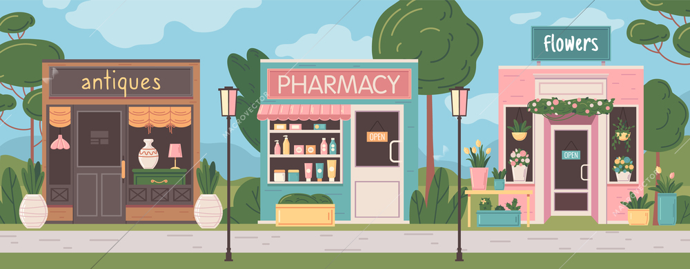 Flat city street with small business facades of pharmacy flowers and antiques shops vector illustration