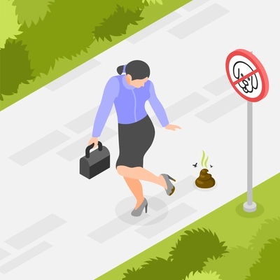 No pets isometric background with woman whose foot stepping into dog poop on sidewalk vector illustration