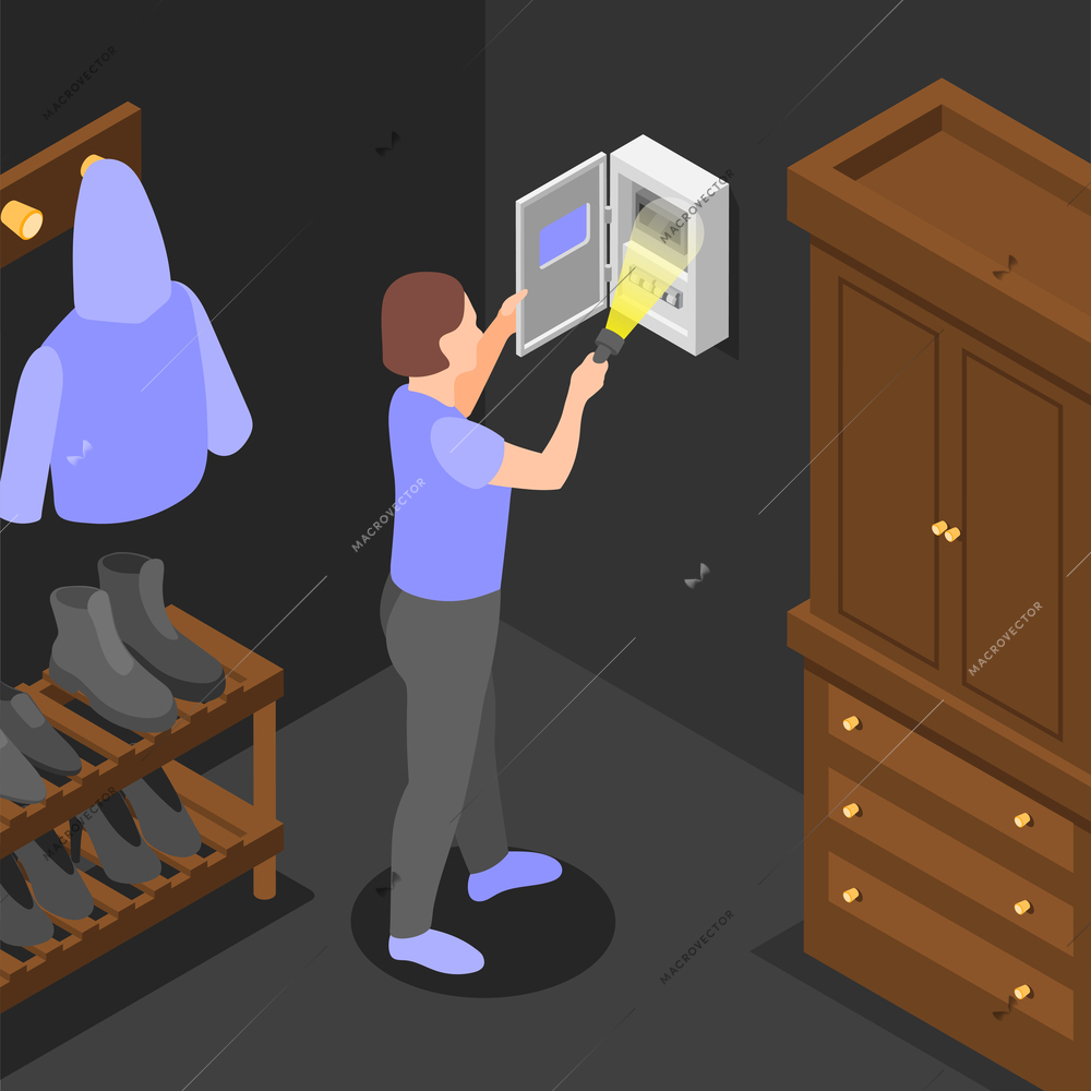 Power outage isometric background with woman checking box with electric meter illuminating it with flashlight vector illustration