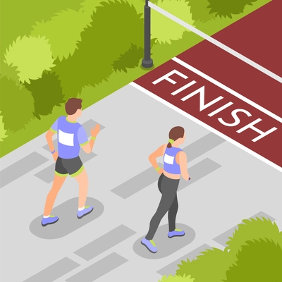 Young marathon runners getting closer to finish line isometric background 3d vector illustration