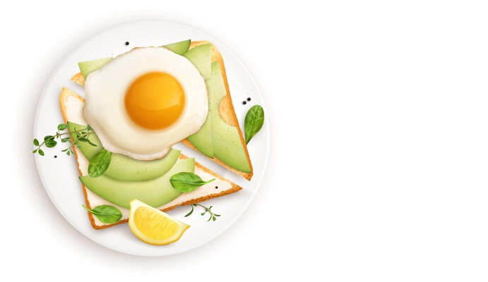 Breakfast realistic composition with avocado sandwich and fried egg on plate top view on blank background vector illustration