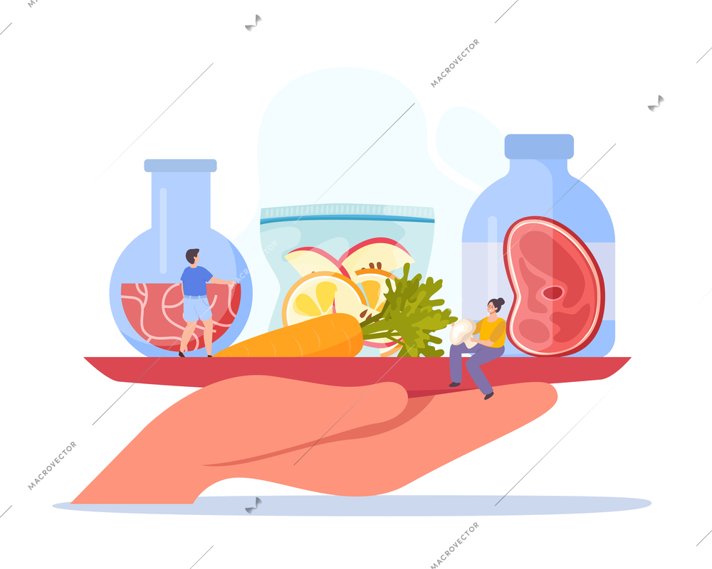 Artificial grown meat flat composition with human hand holding tray with plant based meat in tubes vector illustration
