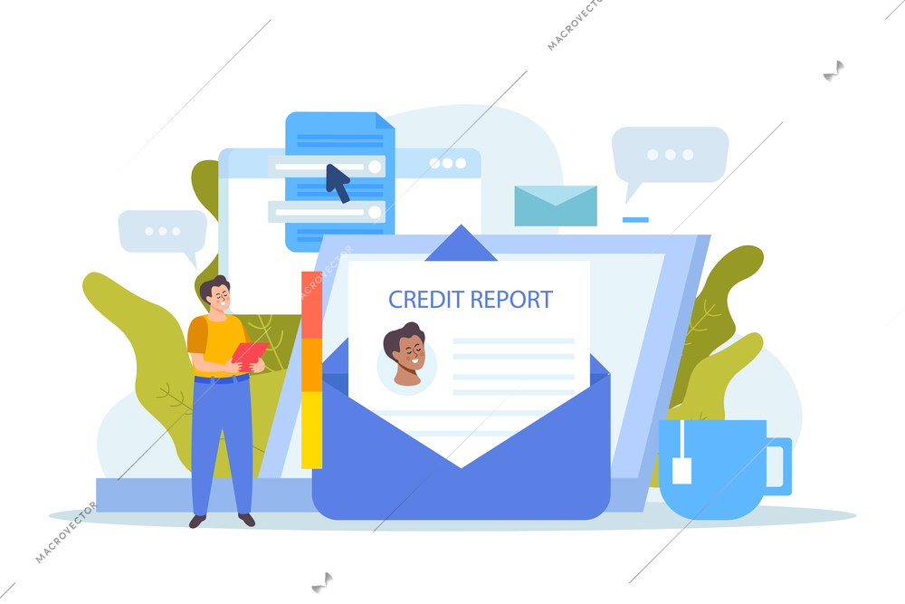 Credit score flat composition with doodle man chat bubbles and envelope with credit report paper document vector illustration