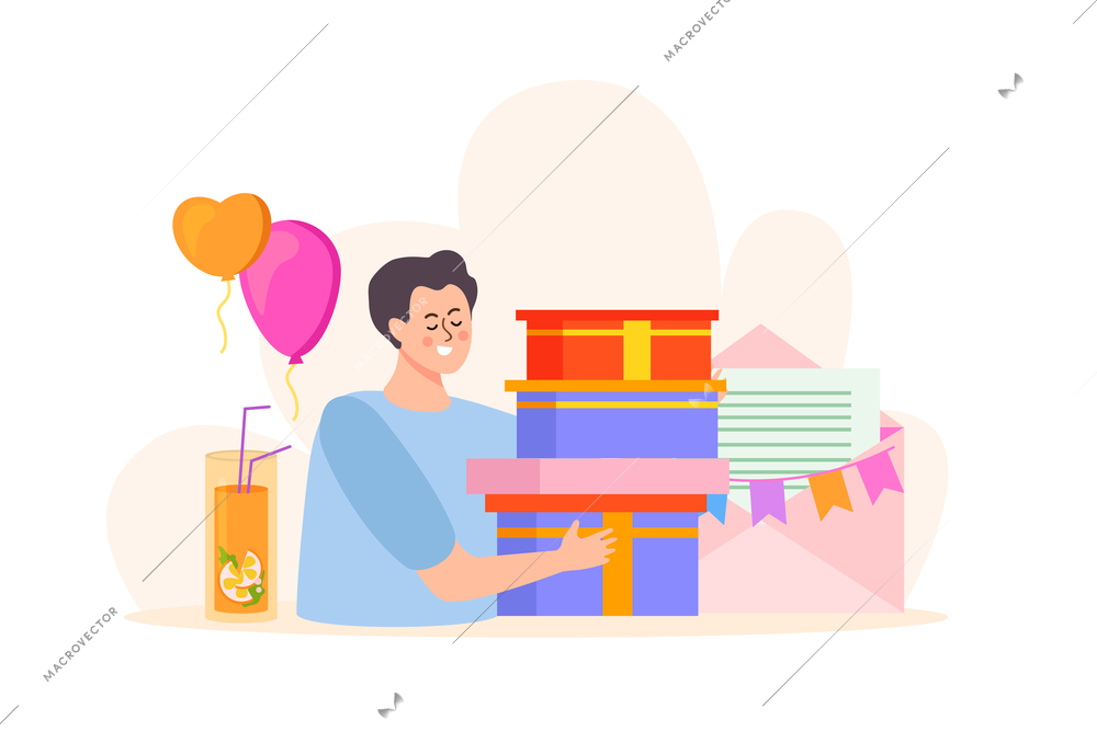 People with boxes flat background with composition of festive balloons cocktail and happy man holding gifts vector illustration