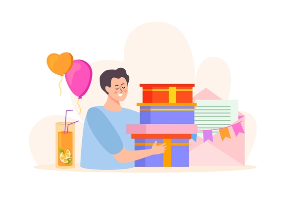 People with boxes flat background with composition of festive balloons cocktail and happy man holding gifts vector illustration