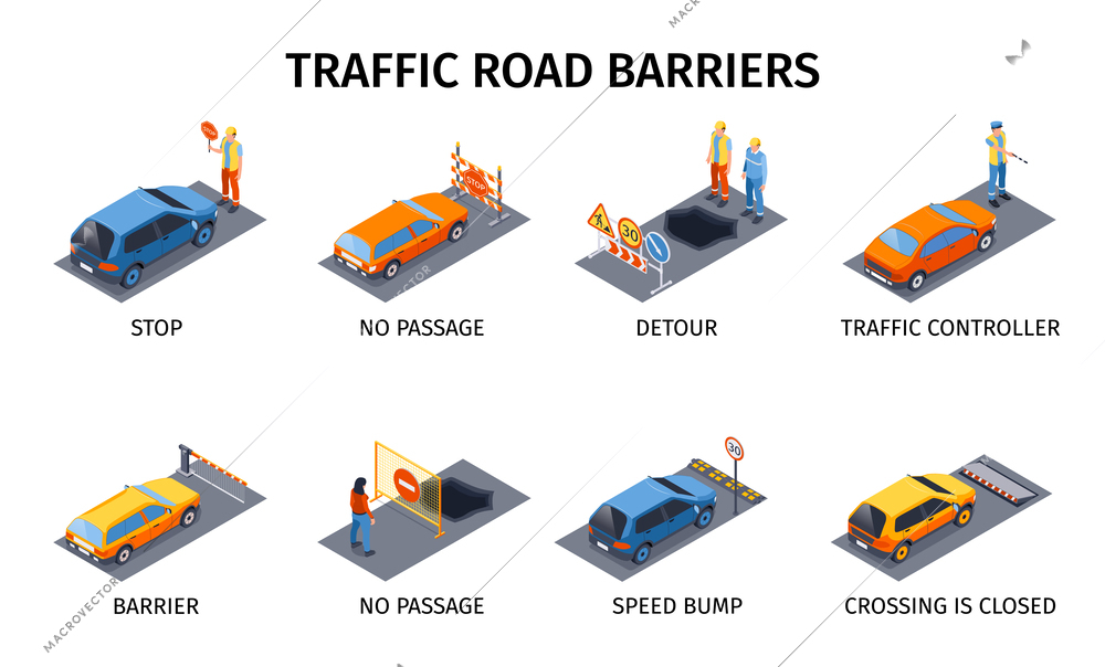 Traffic road barriers compositions set with stop symbols isometric isolated vector illustration