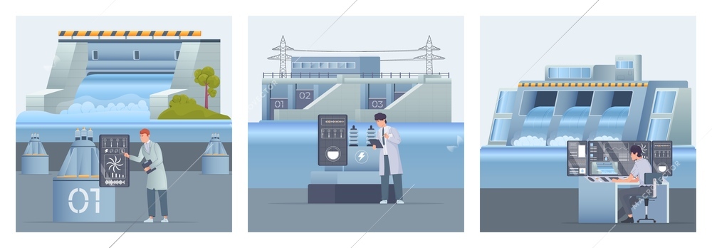 People working at hydro power stations flat set isolated vector illustration