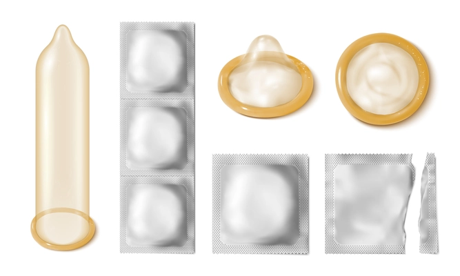 Realistic condom set with isolated icons of classic silicon condoms with silver wrapping on blank background vector illustration