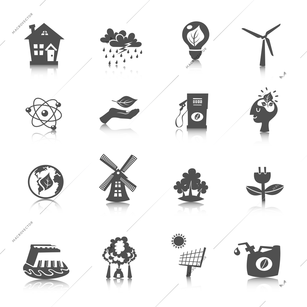 Eco energy black icons set with wind solar water electric technologies isolated vector illustration