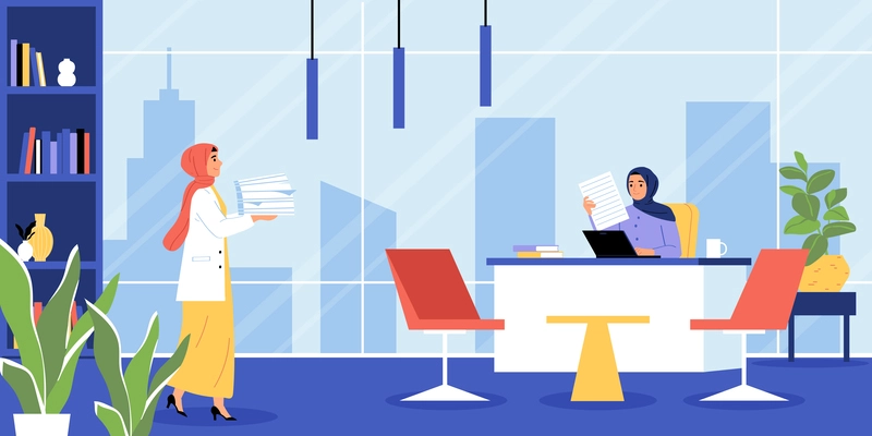 Muslim businesswomen composition with indoor scenery of office with female boss and employee working with papers vector illustration