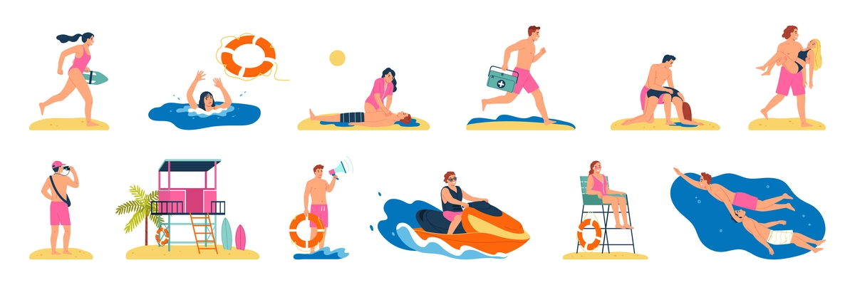 Lifeguards profession set with isolated icons of professional lifesavers beach booth chairs and rescuing sinking people vector illustration