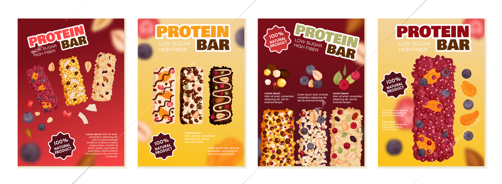 Healthy protein bar posters advertising natural product with low sugar and high fiber isolated vector illustration