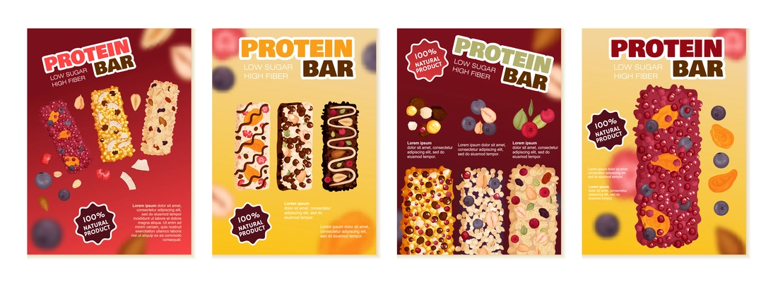 Healthy protein bar posters advertising natural product with low sugar and high fiber isolated vector illustration