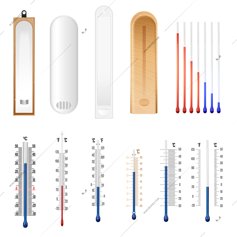 Thermometer elements mock up for meteorological measurements with celsius and fahrenheit scale realistic set isolated vector illustration