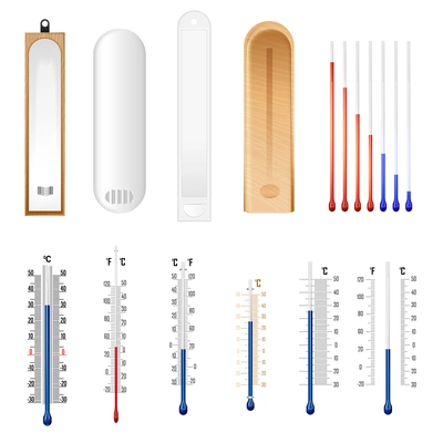 Thermometer elements mock up for meteorological measurements with celsius and fahrenheit scale realistic set isolated vector illustration