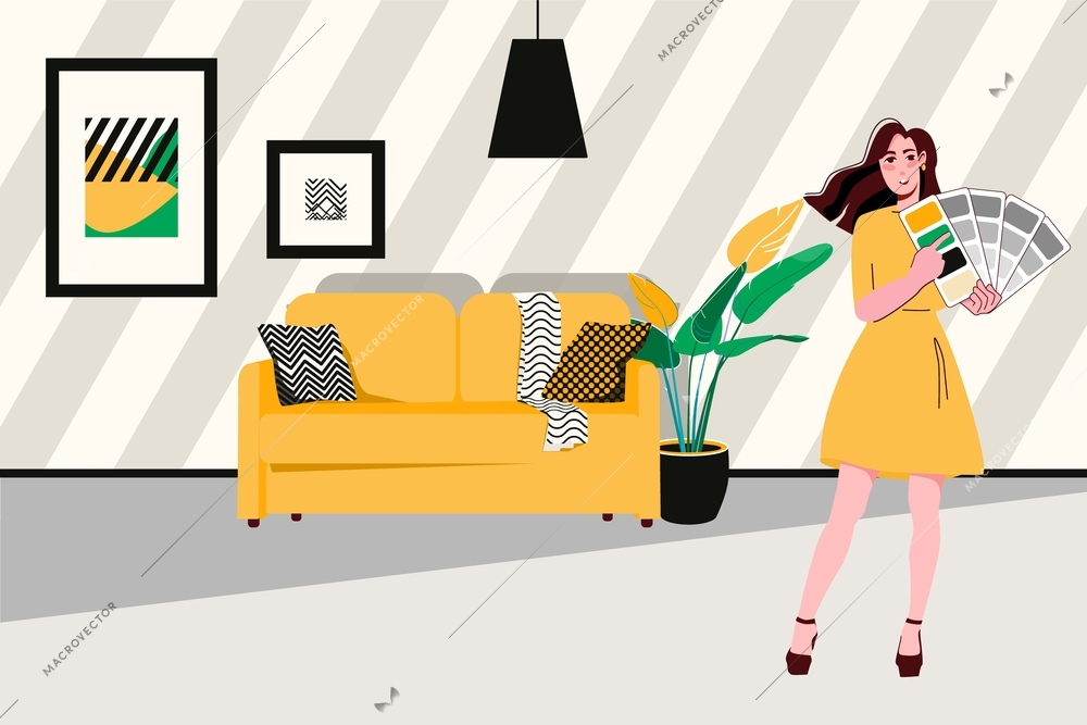 Young female interior designer working with color palette in living room with yellow sofa and modern decor elements flat vector illustration
