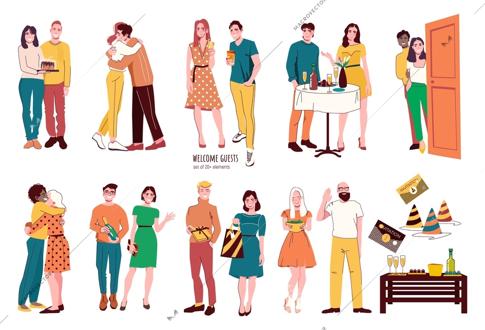 Flat set of guests with gifts and people welcoming them at their party isolated vector illustration