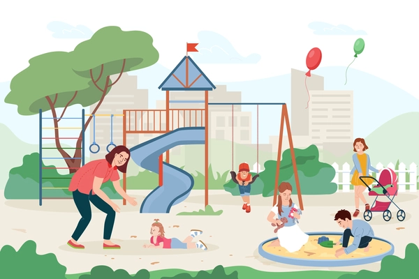 Children playground flat composition with kids riding on swings and playing in sandbox under supervision of parents vector illustration