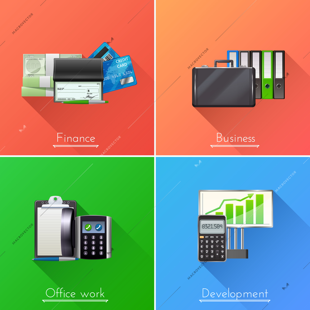Business design concept set with finance development and office work realistic elements isolated vector illustration