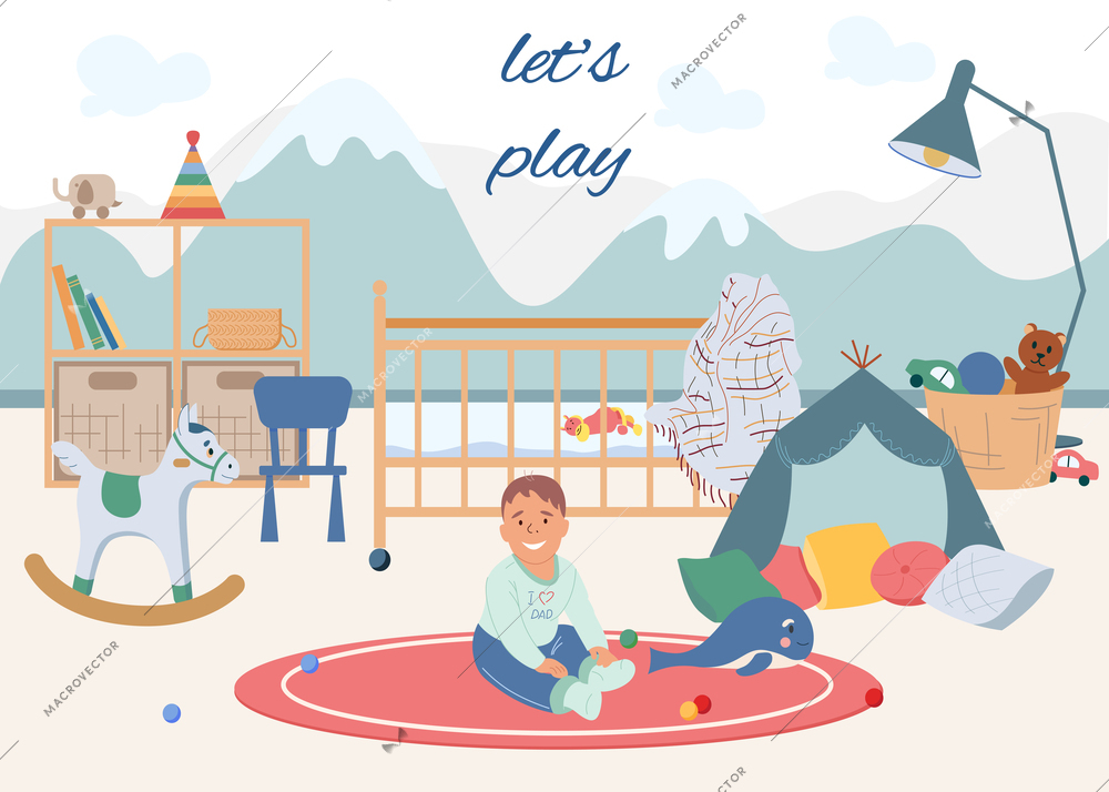 Baby development flat composition with happy kid sitting on floor in children room surrounded by toys vector illustration