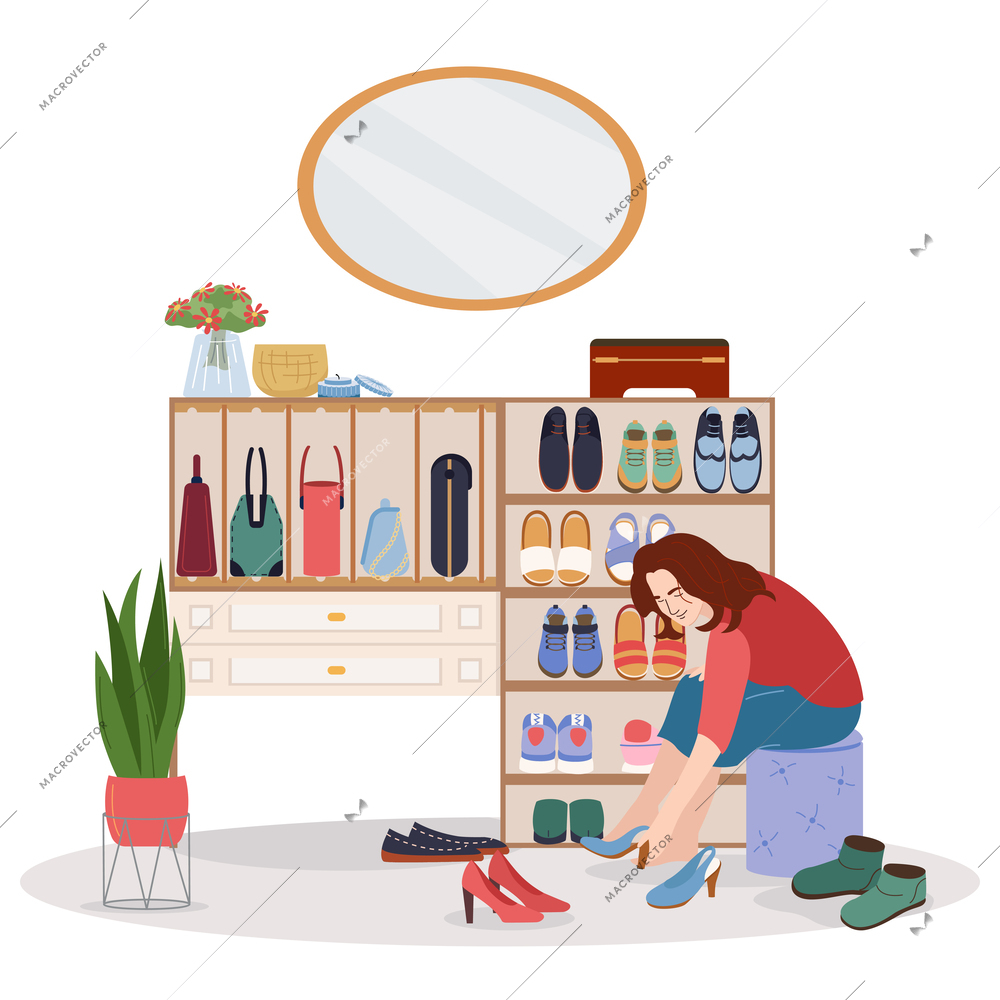 Walk in closet flat composition with woman choosing shoes in wardrobe vector illustration