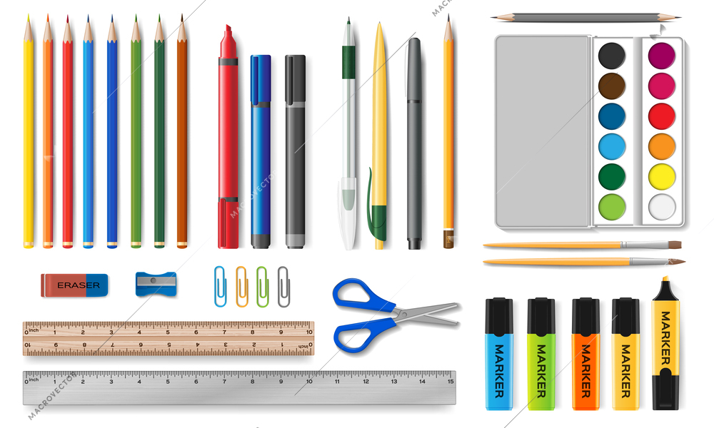 Stationery realistic set of coloured pencils pens markers rulers watercolours paperclips scissors rubber sharpener brushes isolated vector illustration