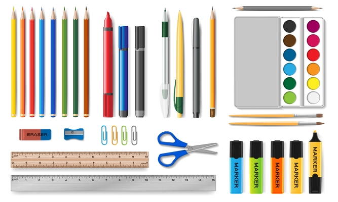 Stationery realistic set of coloured pencils pens markers rulers watercolours paperclips scissors rubber sharpener brushes isolated vector illustration