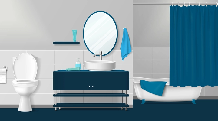 Modern bathroom interior in blue tones with white toilet bathtub wall mirror and accessories realistic vector illustration