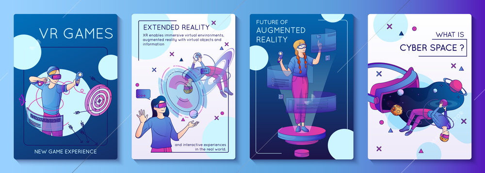 Flat set of vertical cyberspace posters with people playing virtual augmented mixed reality games isolated vector illustration