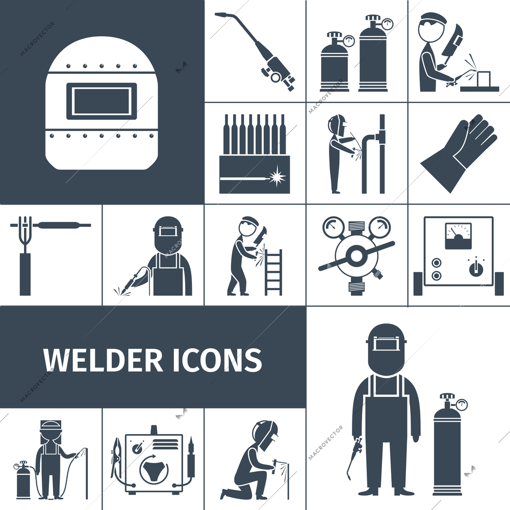 Welder decorative icons black set with worker equipment isolated vector illustration