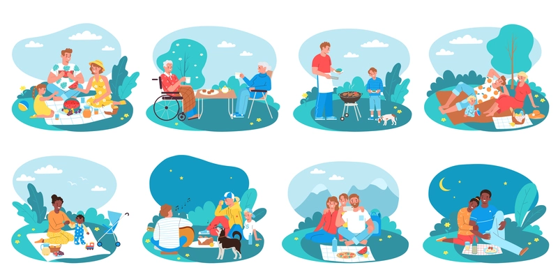 Picnic flat set of people enjoying meal and nature isolated vector illustration