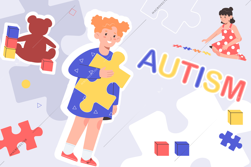 Autism flat collage with children and colorful puzzle pieces vector illustration