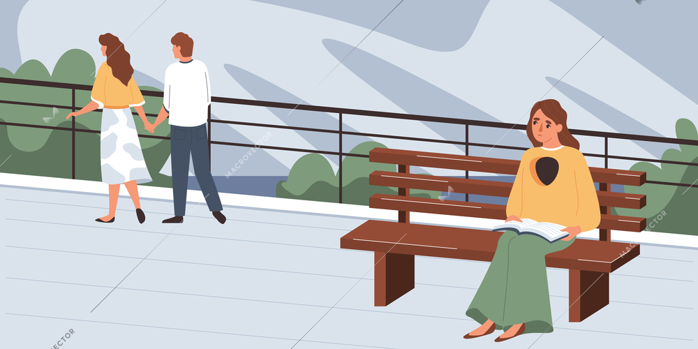 Loneliness solitude flat infographics with outdoor scenery and loving couple walking past single woman on bench vector illustration