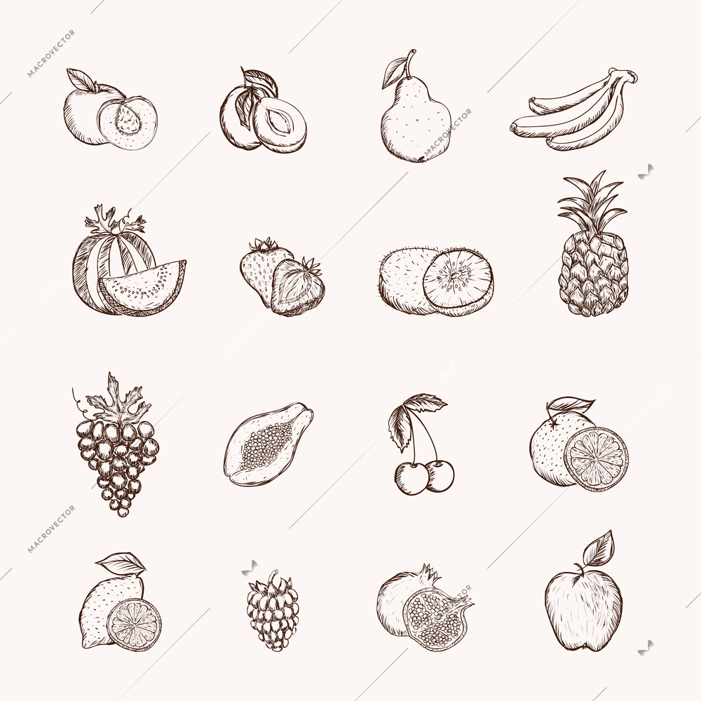 Fruits icons set of ananas apple bananas and cherry isolated vector illustration