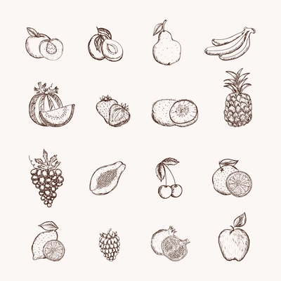 Fruits icons set of ananas apple bananas and cherry isolated vector illustration