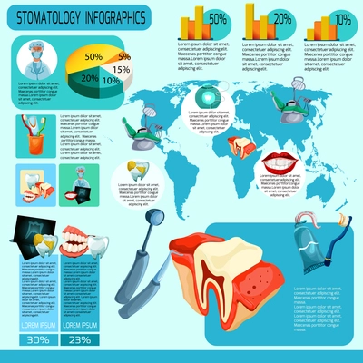 Stomatology infographics set with medical tools dental health symbols and charts vector illustration