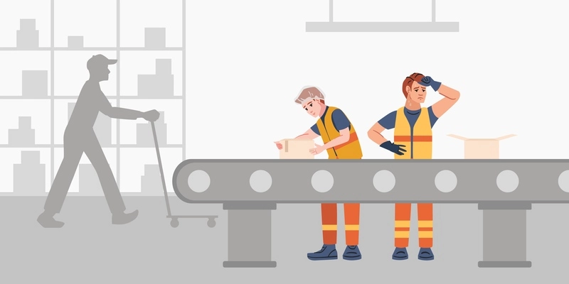 Tired sweating factory workers in uniform working on conveyor line flat vector illustration