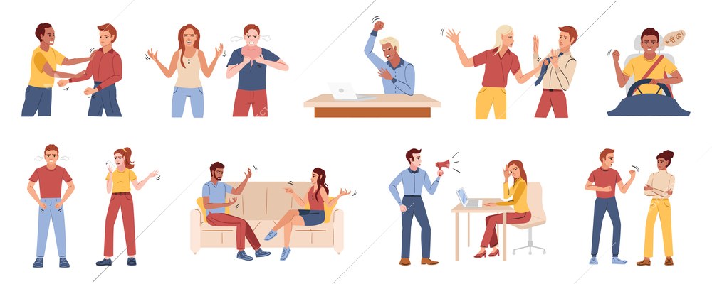 Angry people flat set of isolated compositions with doodle style characters of arguing partners and friends vector illustration