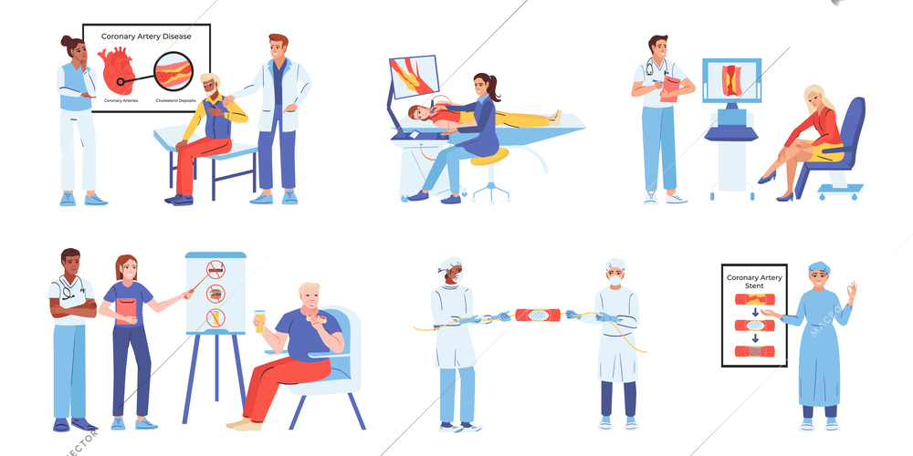 Atherosclerosis artery set of isolated compositions with flat icons and human characters of patients with doctors vector illustration