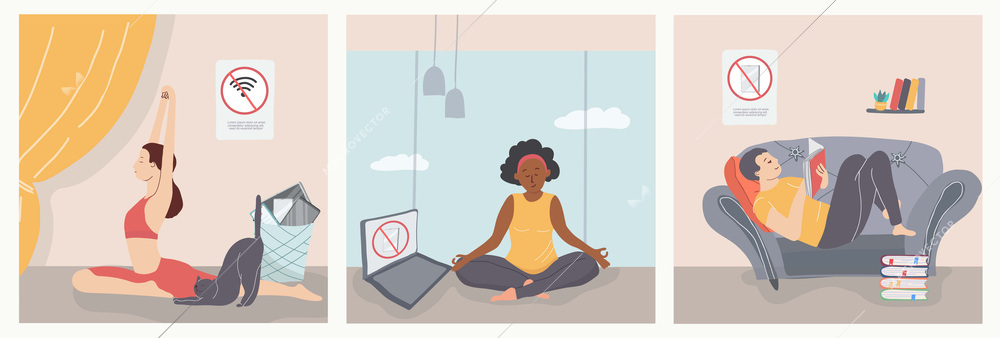 Digital detox flat set with people taking break from using gadgets and reading doing yoga and meditating isolated vector illustration