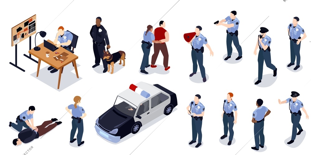 Isometric police set of isolated icons with human characters of officers inspectors with car and detective vector illustration