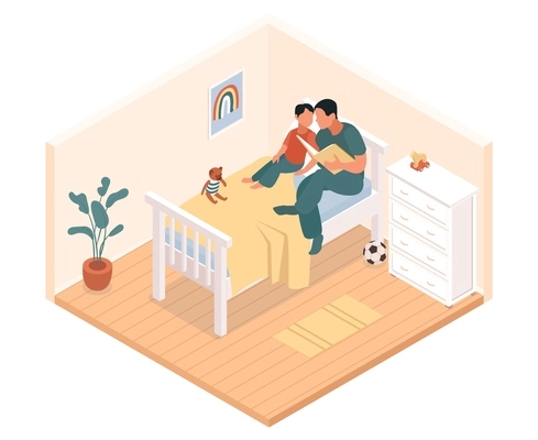 Isometric father day composition with isolated view of bedroom with child and dad reading out book vector illustration