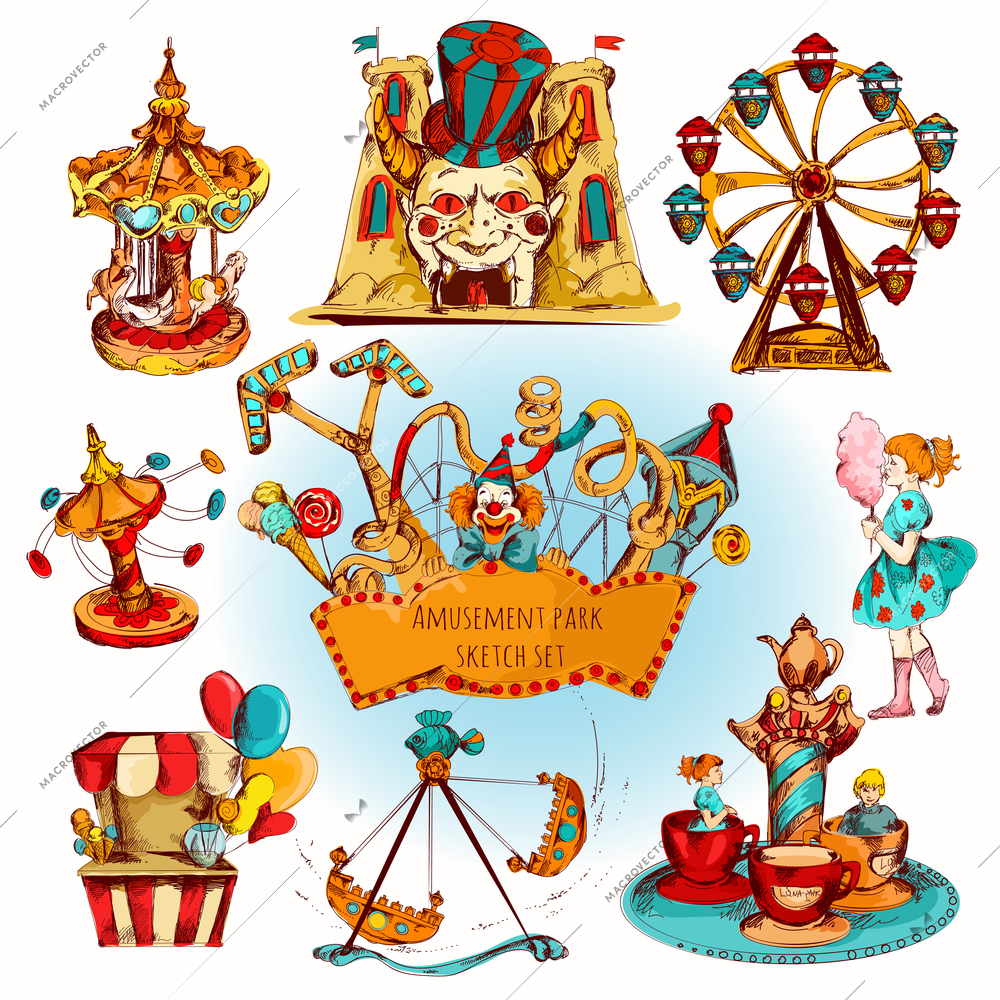 Amusement kids entertainment park decorative icons colored set isolated vector illustration