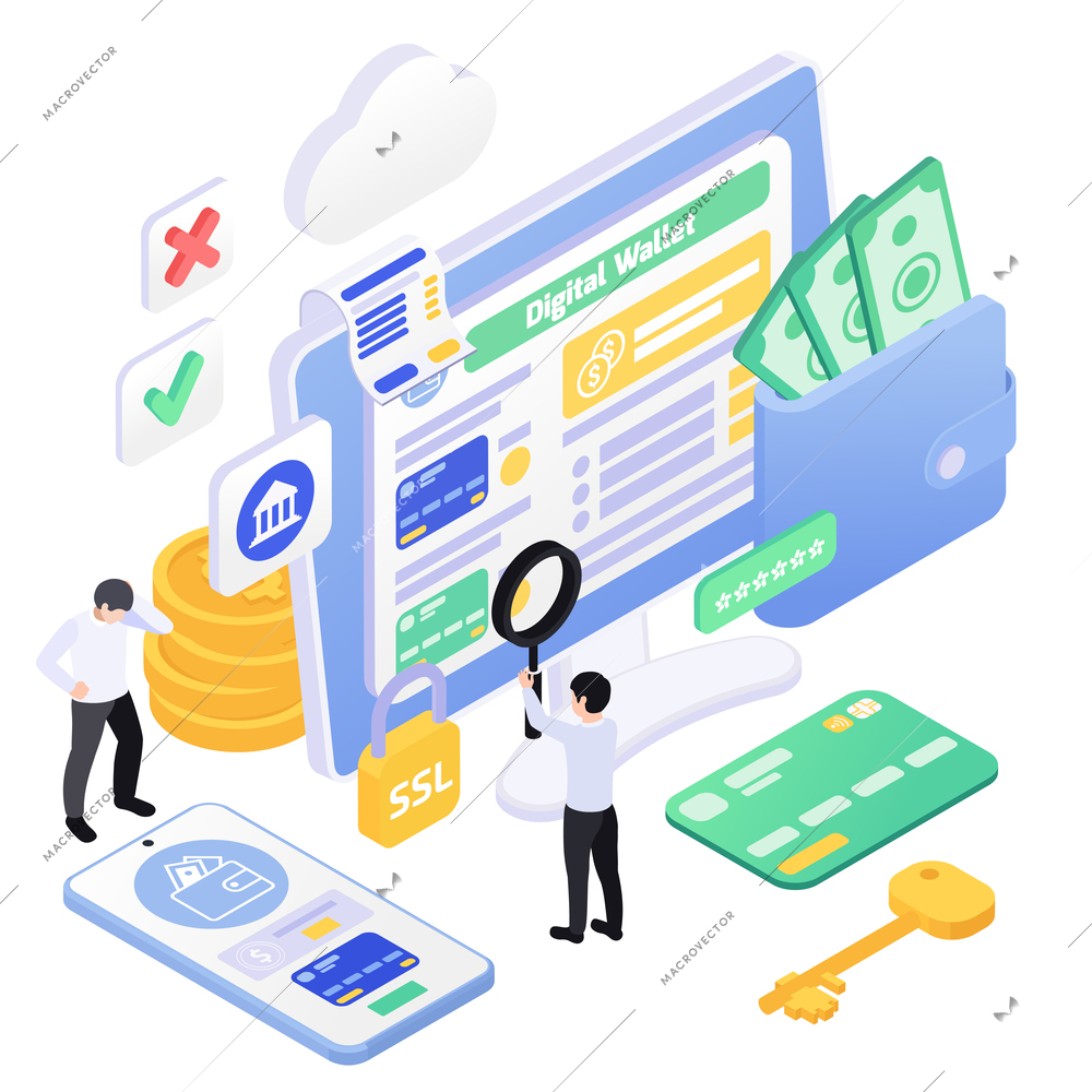 Secure payment isometric composition with icons of coins banknotes in wallet credit card and banking pictograms vector illustration